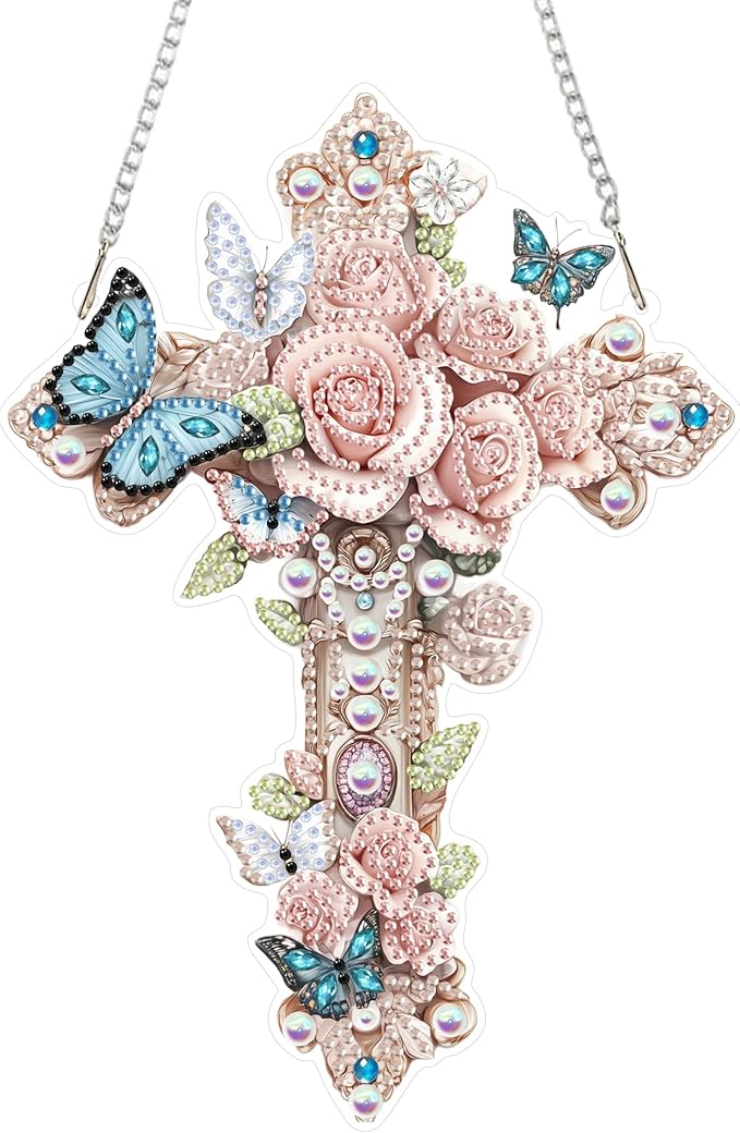Yunzlly DIY Hanging Diamond Art Pendant Kit, Special Crystal Double Sided Diamonds Painting Ornament Kit for Adults, Acrylic Gem Painting Board for Window&Door&Wall (Cross)