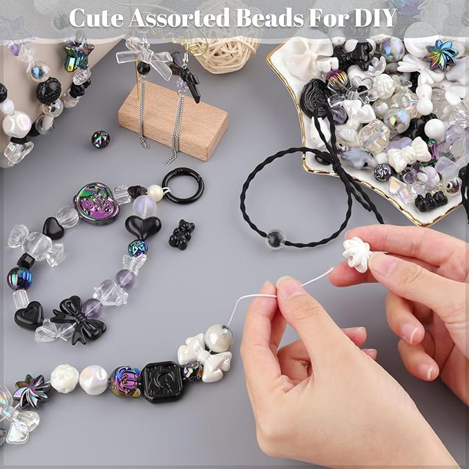 200-260pcs tinkrstuff assorted black acrylic beads for bracelet making, cute beads for jewelry making flower bow butterfly candy gummybear aesthetic bracelet charms,diy necklace keychain phone charm