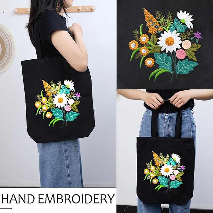 CREAWONDER Canvas Tote Bag Embroidery Kit with Pattern for Beginners, Arts and DIY Embroidery Crafts Kits for Adults, Include Instructions, Thimble, Embroidery Hoops, Color Threads and Tool