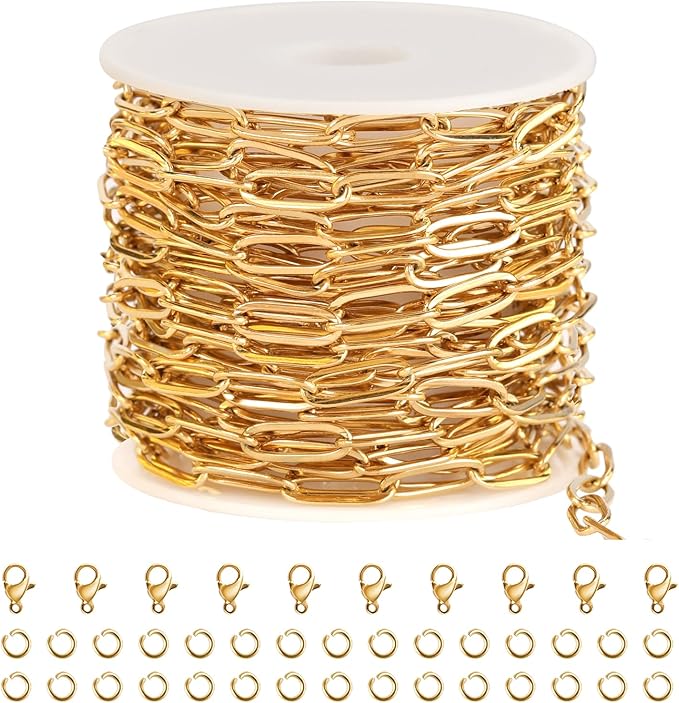 SMYHTGLIF 5 Meters Gold Chain Bulk for Jewelry Making Stainless Steel Paperclip Cable Jewelry Making Chains with Lobster Clasps and Open Jump Rings