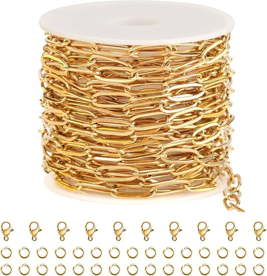 SMYHTGLIF 5 Meters Gold Chain Bulk for Jewelry Making Stainless Steel Paperclip Cable Jewelry Making Chains with Lobster Clasps and Open Jump Rings