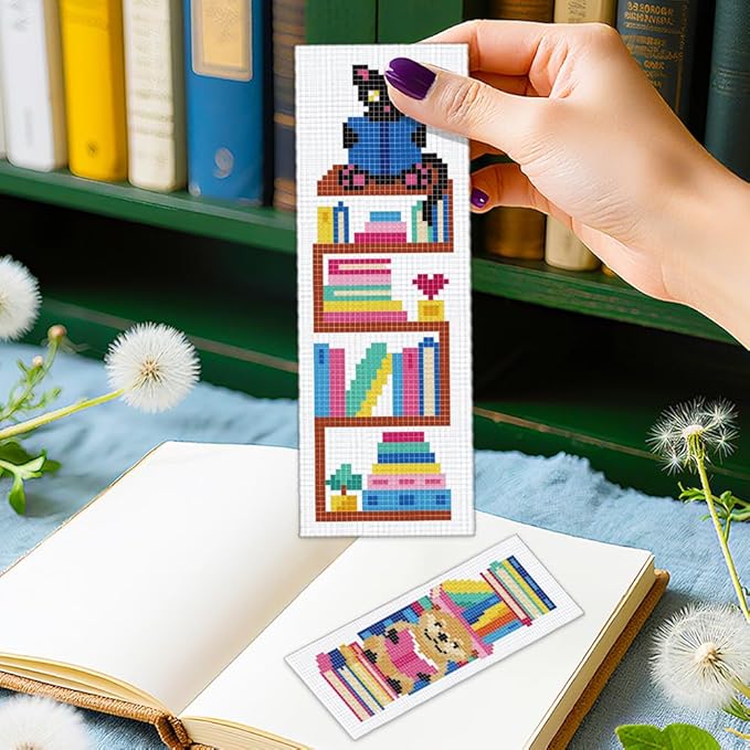 ORIGACH 6 Set Reading Animals & Book Stacks Cross Stitch Bookmark Kit for Beginner with Backing Felt Floss Instructions DIY Stamped Embroidery Bookmark Kit for Adults, Book Lovers