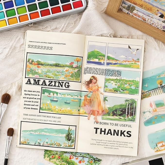 Journal Sticker Book for Junk Journaling, Transparent PET Seasons Landscape Stickers for Scrapbook Supplies, Scrapbooking, 20 Large Pre-Cut Stickers Sheets 9.25 x 6.62 inches