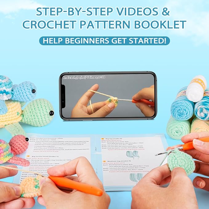 Crochetta Crochet Kit for Beginners, Beginner Crochet Kit for Adults with Step-by-Step Video Tutorials, DIY Crochet Animal Kits Knitting Supplies, 3 Pack Turtle (40%+ Yarn)