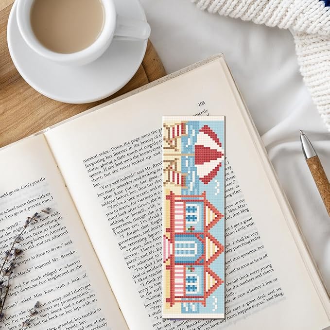 FREEBLOSS 6 PCS Cross Stitch Bookmark Kits for Beginner Summer Beach Scenery Stamped Cross Stitch Kit DIY Embroidery Bookmark Kit with Instructions 8'' x 2.4''