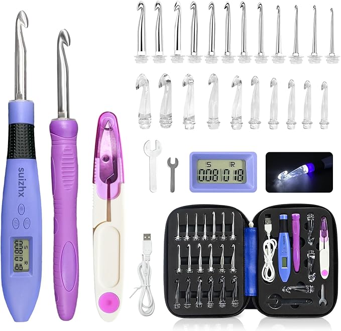 Counting Crochet Hook Set Digital, Crochet Kit with 22 Different Size Interchangeable Crochet Needle, Light Up Crochet Hooks for Stitch & Row Counter, Ergonomic Crochet Hooks with 2 Levels Led