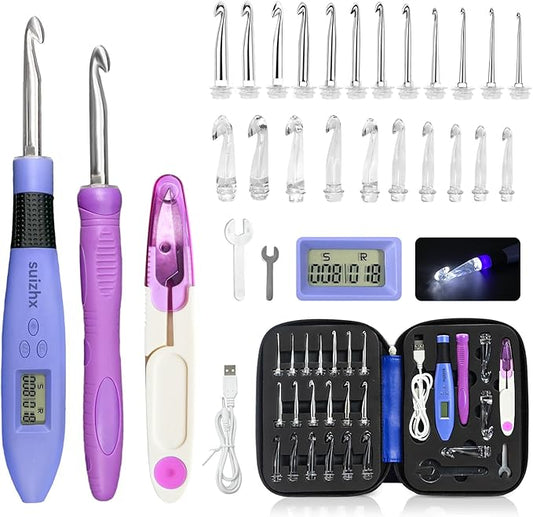 Counting Crochet Hook Set Digital, Crochet Kit with 22 Different Size Interchangeable Crochet Needle, Light Up Crochet Hooks for Stitch & Row Counter, Ergonomic Crochet Hooks with 2 Levels Led