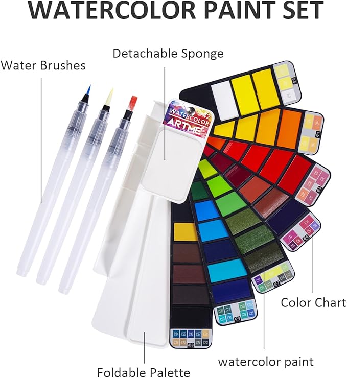 Watercolor Paint set – 42 Assorted Colors with 3 Brushes – Perfect Foldable Watercolor Field Sketch Set for Outdoor Painting –Travel Pocket Watercolor Kit