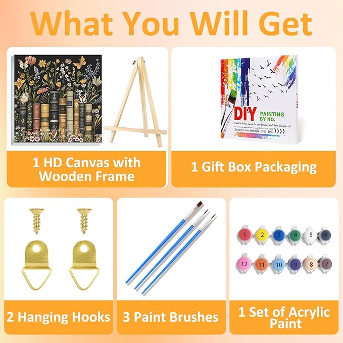 Framed Paint by Numbers Kit for Adults with Wooden Easel, Book Paint by Numbers Kit for Adults, DIY Acrylic Oil Painting Kits with Brushes Gift Box for Home Wall Decor(16x16inch)