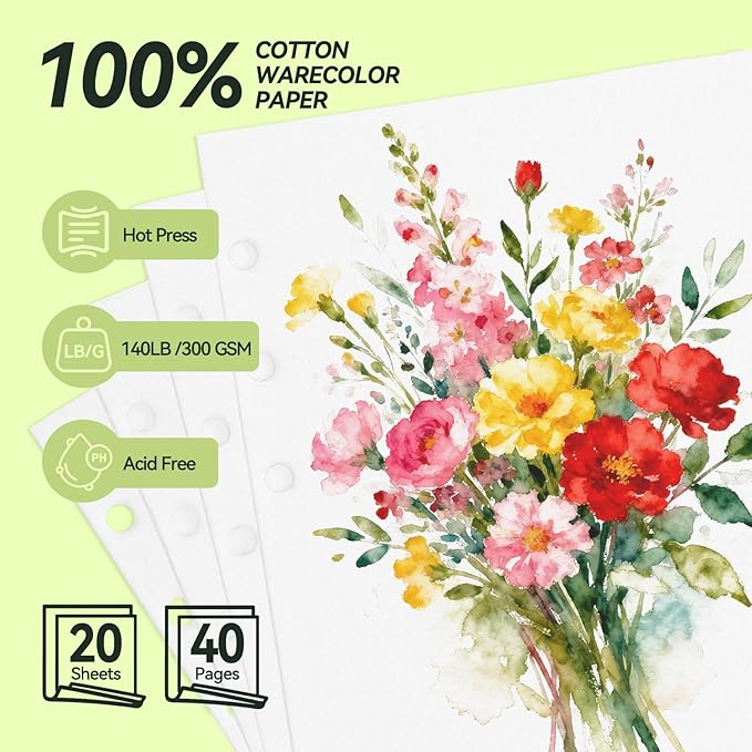 Lightwish Watercolor Sketchbook Refillable 100% Cotton, 300gsm (140lb) - 6.69" x 3.94" Hot Press Watercolor Paper Journal Notebook - 20 Sheets with PU Leather Cover for Drawing Mixed Media