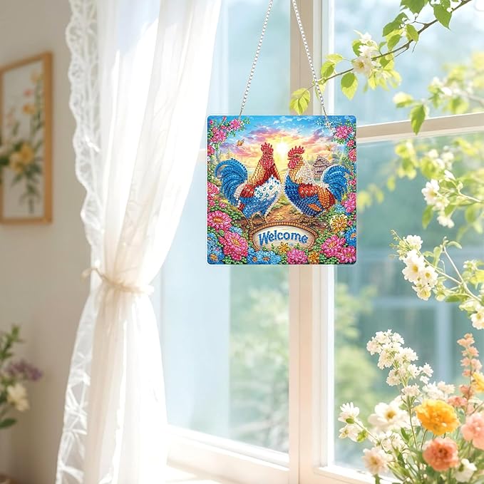 Lxmsja DIY Two Chickens Diamond Painting Hanging Ornament, Double-Sided Acrylic Farm Diamond Art Kit, Special Shaped Suncatcher Hanging Pendant Window Art Kit 8x8 inch