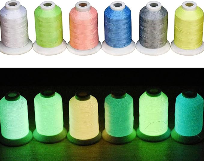 Simthread Glow-in-The-Dark Embroidery Machine Thread, 6 Colors, 1000 Yards, 30WT, 100% Polyester with Long-Lasting Glow - Perfect for Music Festivals, Parties, Raves & More