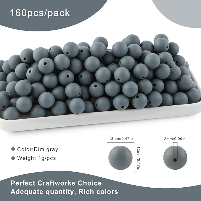 160Pcs 12mm Silicone Beads for Keychain Making Bracelet Necklace, Bulk Round Silicone Beads for Pens（Dim Gray）