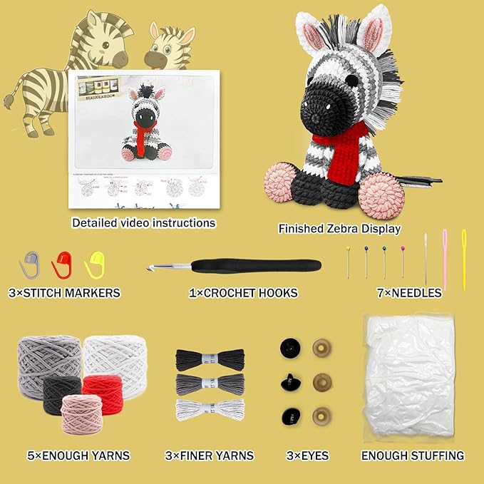 codgp crochet kit for beginners,11.8in crochet animal kit zebra,crochet starter kit gift for adults kids with yarn sets,amigurumi crochet kit with step-by-step video tutorials