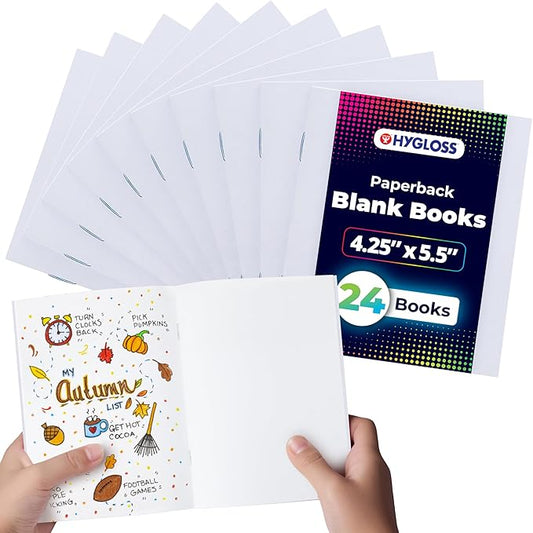 hygloss blank books - bulk 24 pack – 4.25" x 5.5" a6 white paperback blank books for kids to write stories, doodle, arts & crafts – plain drawing sketchbook, unlined journal, notebook without lines