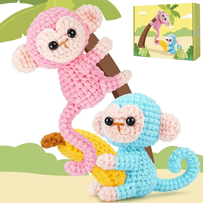 Fortuning's JDS Crochet Kit for Beginners - 2 PCS Monkey with Banana Crochet Kits with Step-by-Step Video Tutorials, Beginner Crochet Kit for Adults, Crochet Monkey Kit (Blue & Pink)