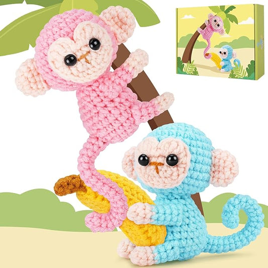 Fortuning's JDS Crochet Kit for Beginners - 2 PCS Monkey with Banana Crochet Kits with Step-by-Step Video Tutorials, Beginner Crochet Kit for Adults, Crochet Monkey Kit (Blue & Pink)