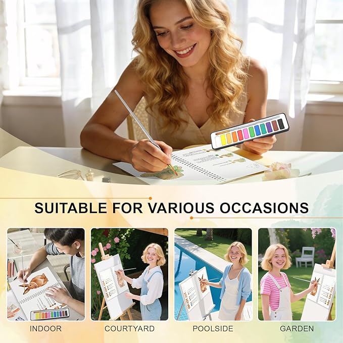 APOLYONE 2-Pack Beginner Watercolor Workbooks: 24 Coloring Pages + 12 Watercolor Paints + Brush – 300gsm/140lb Paper – Gift for Women, Adults & Beginners (Garden & Animals)