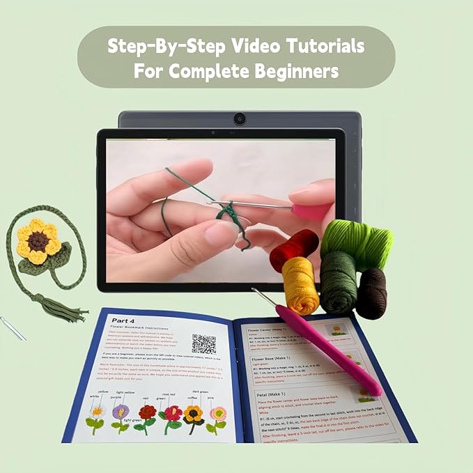 FJ Four Joys Crochet Kit for Beginners with Yarns, Hooks and Step-by-Step Video Tutorials, 6 Flower Bookmarks Beginner Crochet Kit for Adults, Craft Kit and Gift for Teenagers