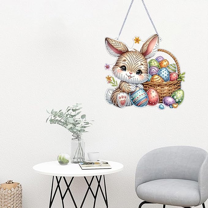 ARPADAMO Hanging Diamonds Art kit for Adult,DIY Easter Bunny Pendant Diamonds Painting Art Kit, 6.6x7.0 inch Acrylic Diamonds Painting Board Kit Ornament, Special Crystal Diamond Hanging Ornament