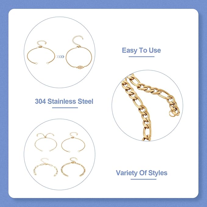 FASHEWELRY 16Pcs Stainless Steel Adjustable Slider Bracelet Adjustable Chains Extender with Cubic Zirconia Ends Golden Chain Link Bracelets with Lobster Clasp for Jewelry Making