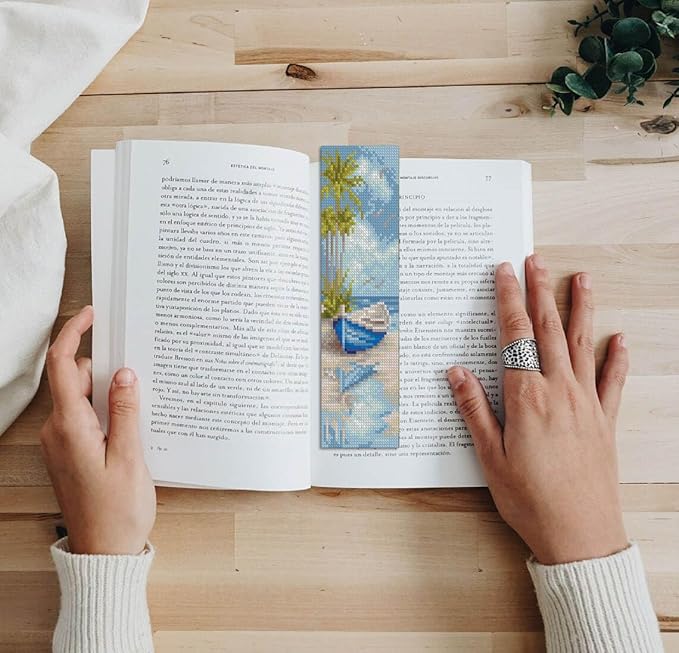 NEGEKFKX 6 Pcs Beach Cross Stitch Bookmark Kit for Adult Beginners,Flowers Cross Stitch Kits 14 CT DIY Crossstitch Kits Adult Stamped Bookmark Embroidery Bookmarks Kit