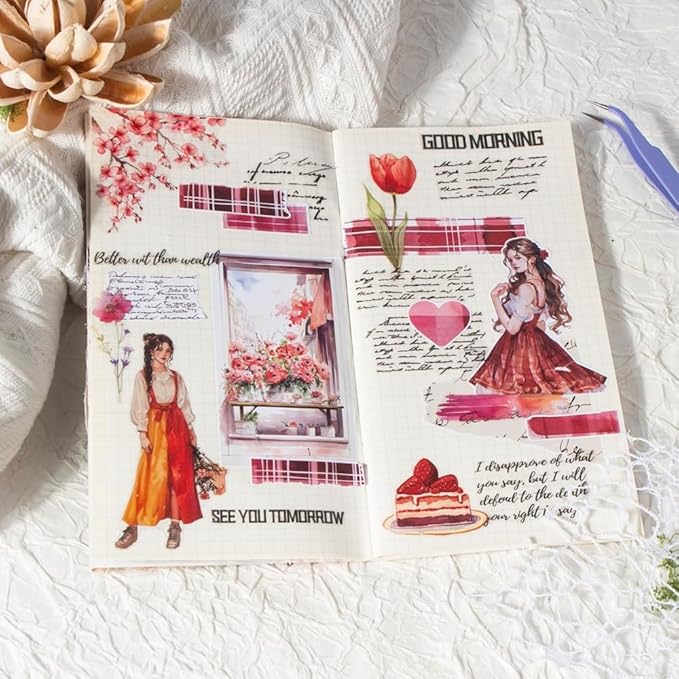 Dwpetzo Vintage Slow Weekend Pre-Cut Journal Sticker Book for Junk Journaling, A5 PET and Paper Dual Scrapbook Materials, People Stickers for Scrapbooking Supplies, Collage, Planner, 20 Sheets