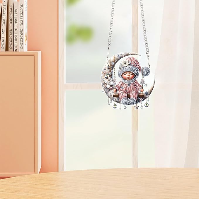 AiYuanzsh Christmas Baby on Moon Diamond Painting Hanging Kit, DIY 5D Acrylic Diamond Art Pendant with Special Shaped Rhinestones, Elegant Wall or Window Decoration, Handmade Craft Gift for Adults