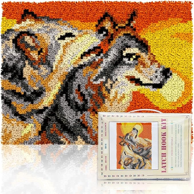 ORIGACH Wolf Latch Hook Rug Kit for Adults Printed Rug Making Kit Handmade Carpet Tapestry Cover with Hook Latch and Preprinted Canvas, Home Arts Crafts Sofa Decor, 20.5x15inch