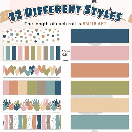 12 Rolls Boho Washi Tape Heart Hand Polka Dots Decorative Masking Tape Boho Colors Gift Wrapping Paper Tape for Scrapbook Journal DIY Art Crafts
