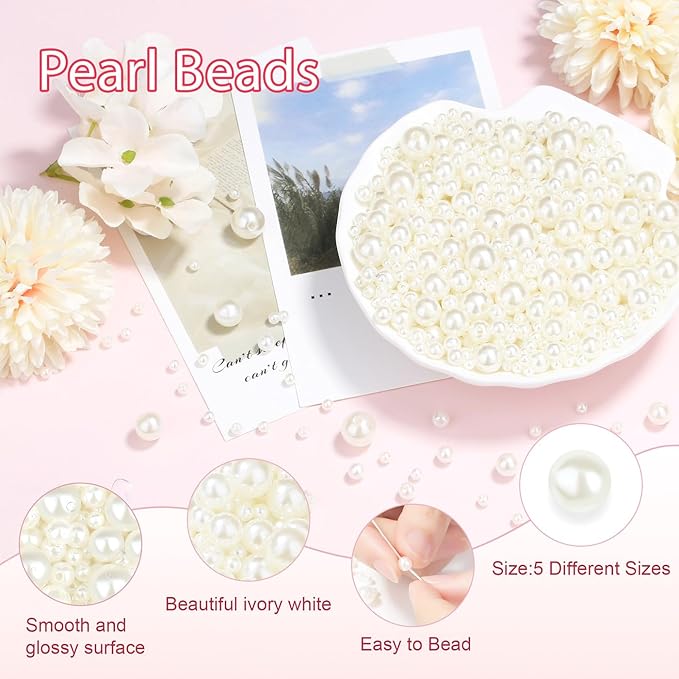1500Pcs Pearl Beads 5 Size White Pearl Bead for Jewelry Making Crafting Charm Cute Acrylic Small Loose Round Fake Pearls with Hole Beads for Bracelet, Vase Filler, DIY Crafts, Earring