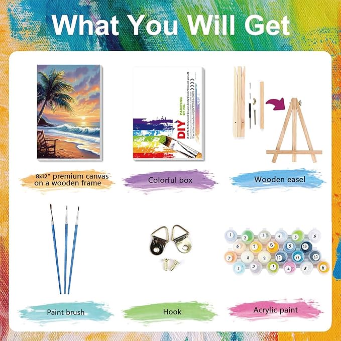 Beach Paint by Numbers for Adults with Framed Canvas - with Wooden Easel, Landscape Paint by Number on Canvas, DIY Sunset Acrylic Oil Painting Kits with Brushes for Home Wall Decor (8x12 inch)