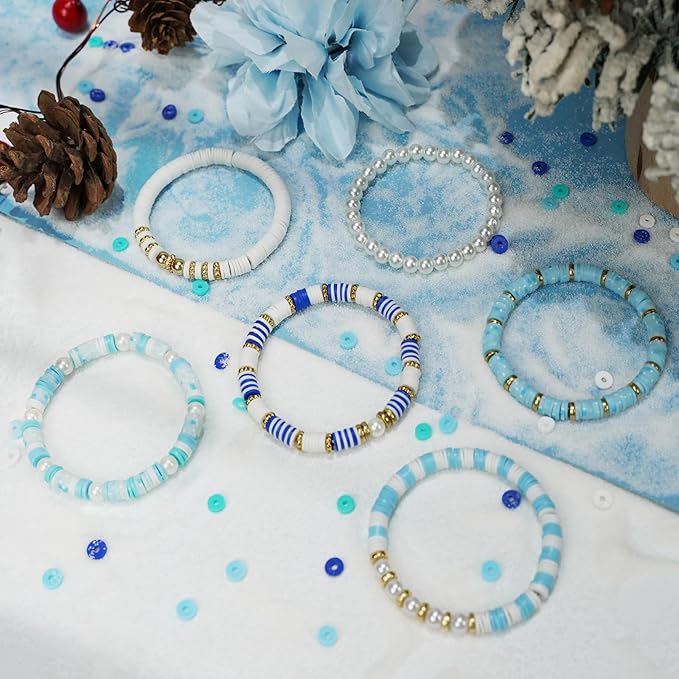 Gionlion Clay Beads for Bracelets, Blue Winter Clay Beads Bracelet Making kit with Golden Pearl Beads for Jewelry Making, Charms Bracelet Kit and Crafts DIY Valentines Day Gifts for Her Women