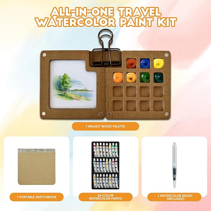 Mini Watercolor Paint Set, 24 Colors Travel Watercolor Kit with 15 Grids Walnut Wood Palette, Water Brush, Sketchbook & Clip | Portable Pocket Painting Set for Adults, Beginners, Artists, Students
