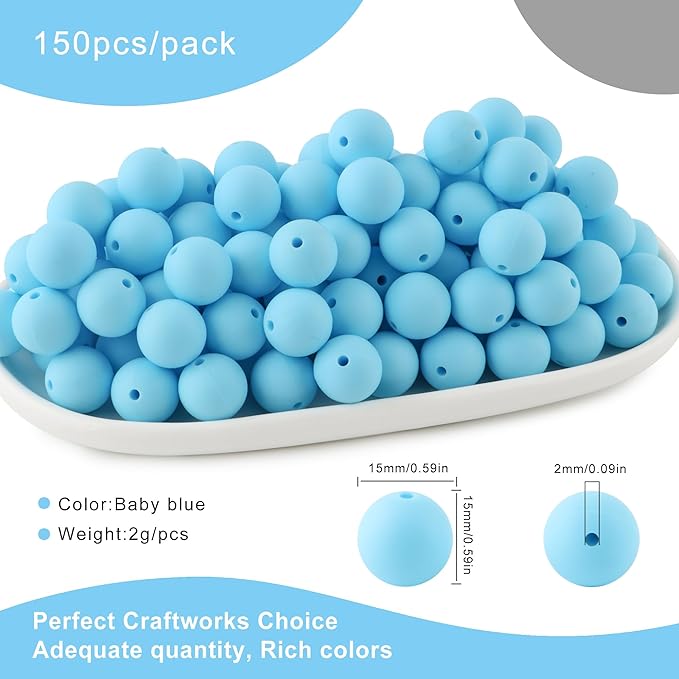 150Pcs 15mm Silicone Beads for Keychain Making Bracelet Necklace, Bulk Round Silicone Beads for Pens（Baby Blue）