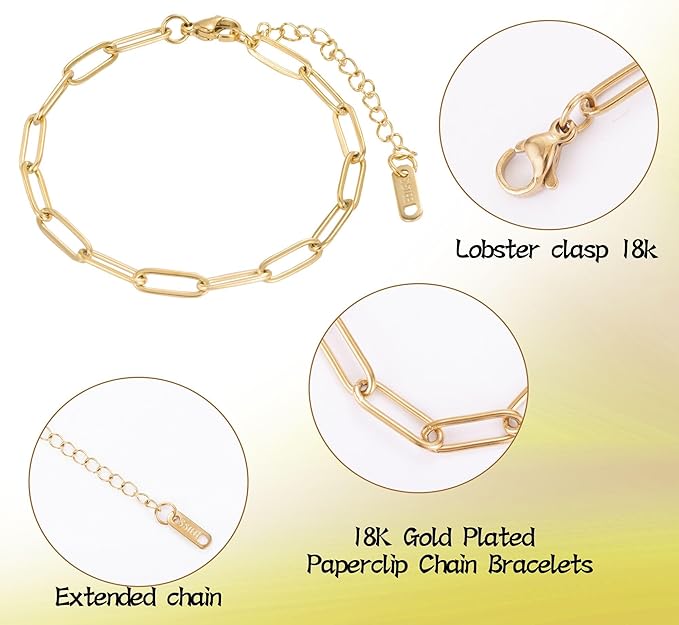 10 PCS Charm Bracelet Chain, 18K Gold Charm Bracelet Kit, 6.3Inch Paperclip Chain Bracelets, Chain Bracelet for Jewelry Making, Adjustable Jewelry Charm for Crafting and Gifting