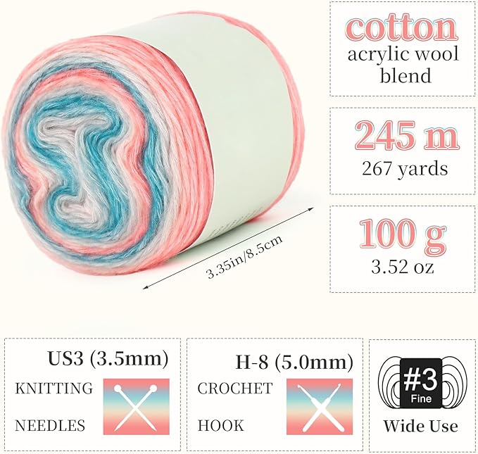 Aeelike Gradient Yarn for Crocheting, 6 Skeins Cake Yarns Fairyland Yarn 100g (3.52 oz) 245m (267 Yards) # 3 Light Weight - Super Soft Ombré Yarns for Making Colorful Crafts, Blue Pink Gradient