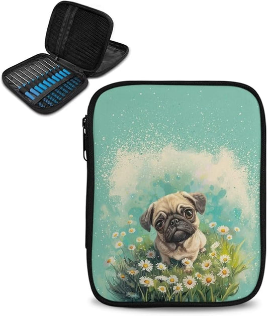 Hechitok Bulldog Floral Crochet Hook Case, Zipper Storage Organizer Bag with Web Pockets for Crochet Needles/Knitting Accessories/Crochet Hook Kit Tools Easy to Hold