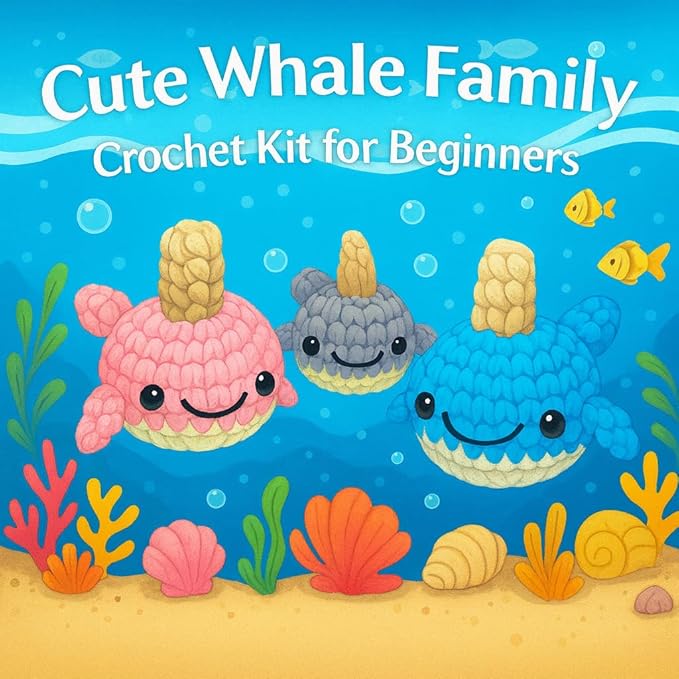 Crochet Kit for Beginners, Learn Crochet Animal Kit, Include Video Tutorial & Manual, Easy Knitting Yarn for Adult & Kid 12+, DIY Holiday Birthday Gift Idea(3pcs Whale Family)