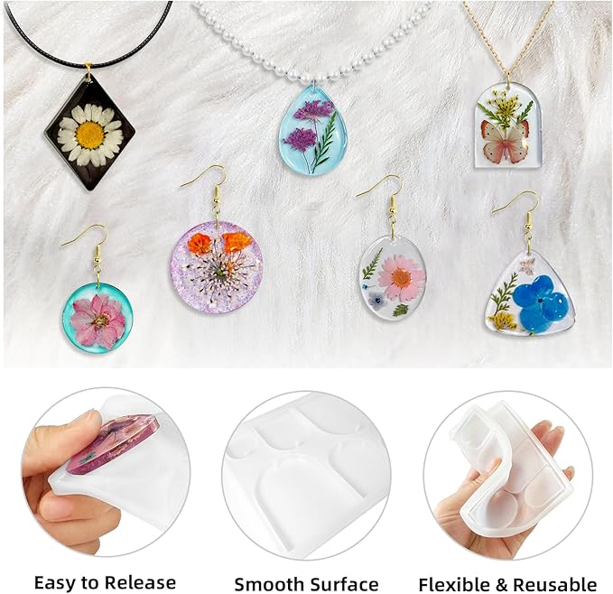 Roxjaejae 46 PCS Resin Earring Molds Silicone Kit, Resin Jewelry Making Kit with Built-in Holes for Earrings, Necklace, Pendants, Keychains