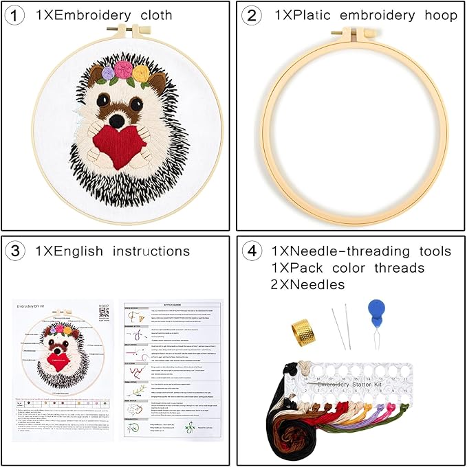 Cute Hedgehog Embroidery Kits for Beginners Adults, Animals Embroidery Starter Kits, Counted Cross Stitch Kits for Beginners DIY Craft Kits for Adults Women, Embroidery Hoops, Thread & Video Tutorial