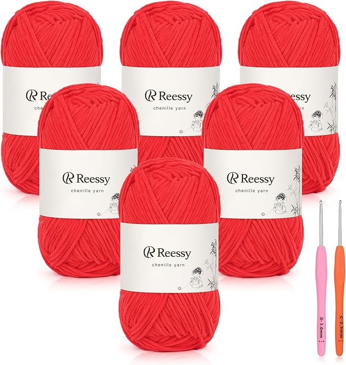 Skinny Chenille Yarn for Crocheting - 6 Pack of 50g/158yd (948yd Total) - Soft Matte Thin Chenille CYC #2 - Fine Weight Baby Yarn for Plush Toys, Baby Blankets & Small Crafts(Crimson)