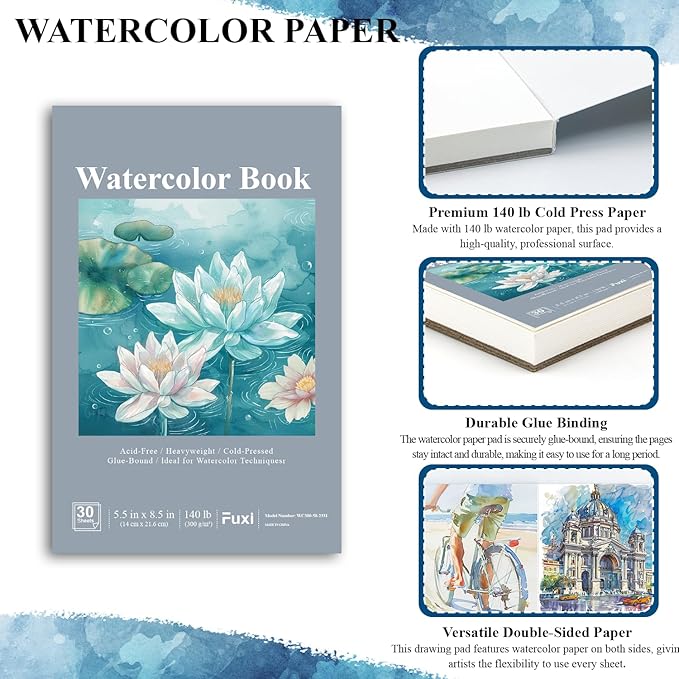 Fuxi Small Watercolor Sketchbook, 2-Pack - 5.5" x 8.5" | 140lb/300gsm Cold Press Watercolor Paper, 30 Sheets Per Pad.
