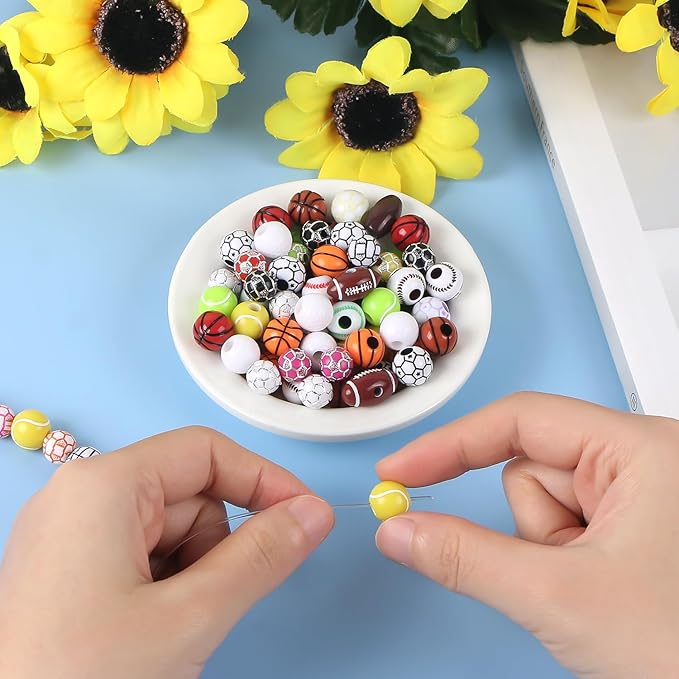 100 Pcs Sports Ball Beads Bulk with 5.5 Yard Elastic Rope,Acrylic Softball American Football Basketball Volleyball Baseball Tennis Beads for DIY Bracelet Necklace Keychain Jewelry Making Accessories