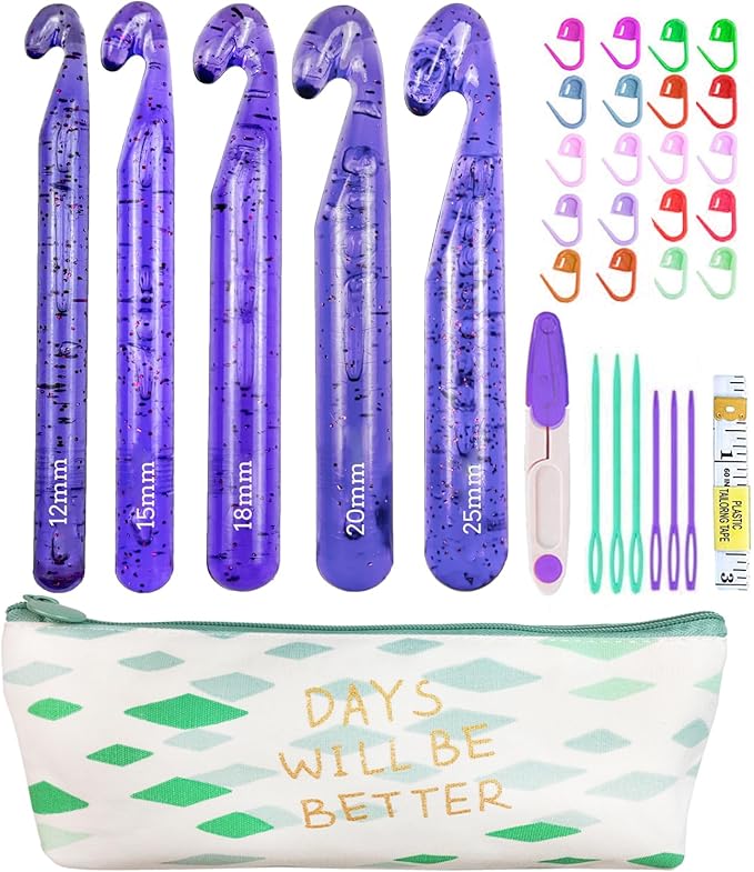 Weabetfu 5 Large Crochet Hook,25mm 20mm 18mm 15mm 12mm Size Crochet Hook, Large Crochet Hook for Chunky Yarn,24PCS Big Crochet Hook,10mm-25mm Crochet Hook with Case(Purple)