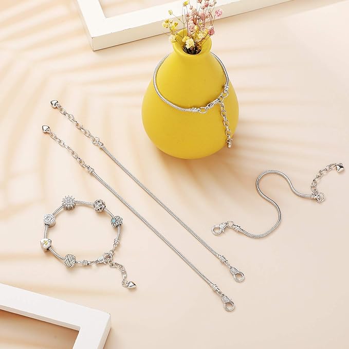 Hicarer 30 Pieces 7.87 Inch Bracelet Chains Snake Chain Charm Bracelets with Heart Lobster Clasp Extender for Women DIY Jewelry Crafts Supplies, Silver