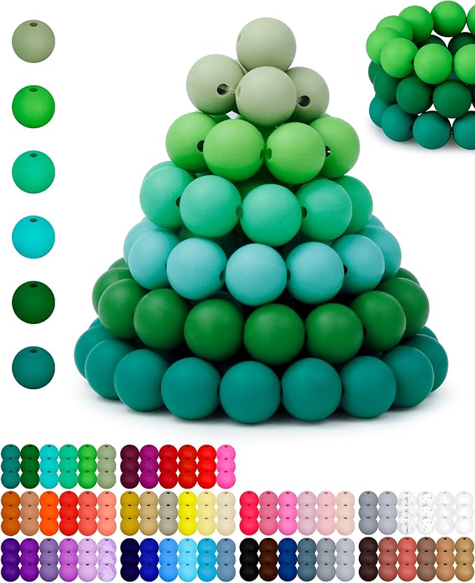 160pcs fiveizero 12mm silicone beads for keychain making, green mixed 6 colors round silicone bead bulk for pens, rubber beads for bracelets and diy crafts