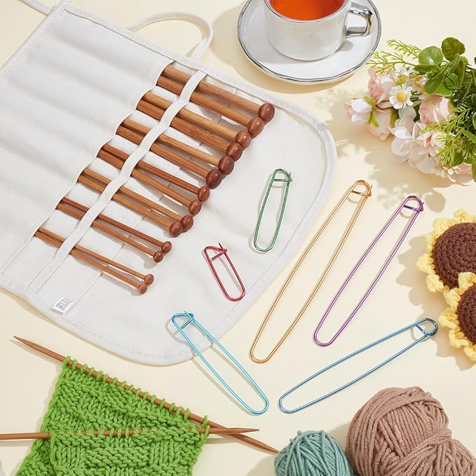 EVERJOYCRAFT 14pcs 7 Pairs Natural Bamboo Knitting Needles Set with Yarn Stitch Holders & Canvas Bag Long Single Point Straight Wood Needles Knitting Starter Kit for Beginners Adults Sweater Scarf