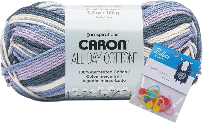 Caron All Day Cotton Yarn - 100g/3.5oz - 100% Mercerized Cotton - 173 Yards Bundle with Bella's Crafts Stitch Markers (Snow on The Beach)