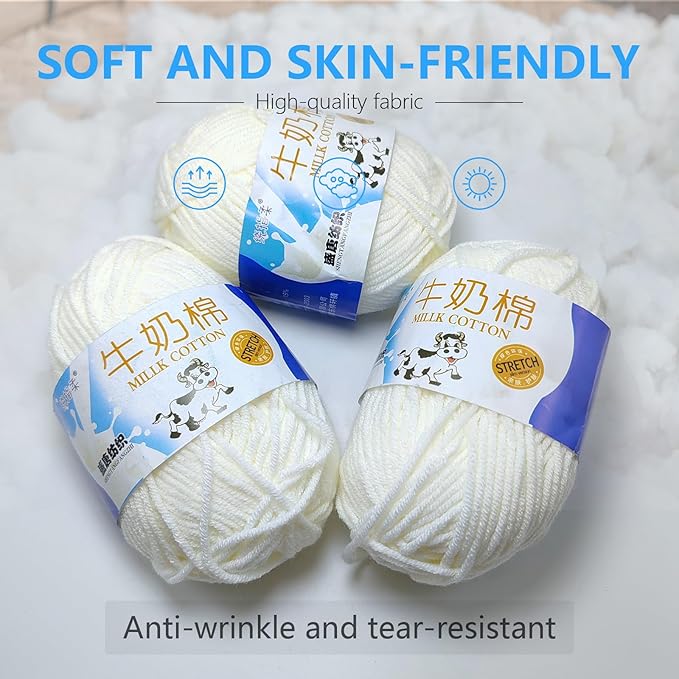 4 Rolls Comfy Blend Milk Wool Plain Knitting & Crochet Yarn Bulk Starter Kit for Colorful Craft DIY